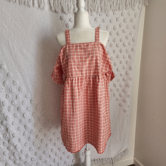Very J Dresses & Skirts - Very J Red and White Plaid Cold Shoulder Babydoll